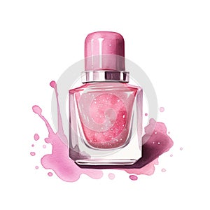 Hand drawn watercolor painting of pink nail polish bottle on pink splash