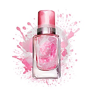 Hand drawn watercolor painting of pink nail polish bottle on pink splash