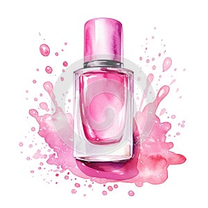 Hand drawn watercolor painting of pink nail polish bottle on pink splash