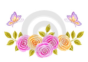 Hand drawn watercolor painting with pink and yellow roses flowers bouquet and two butterflies isolated on white background. Floral