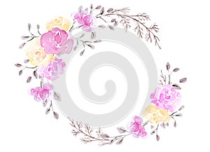 Hand drawn watercolor painting with roses flowers bouquet isolated on white background. Floral ornament. Design element round