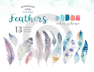 Hand drawn watercolor paintings vibrant feather set. Boho style