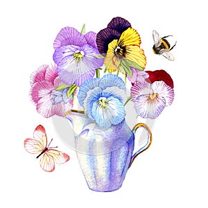 Hand drawn watercolor Pansy bouquet in a vintage vase