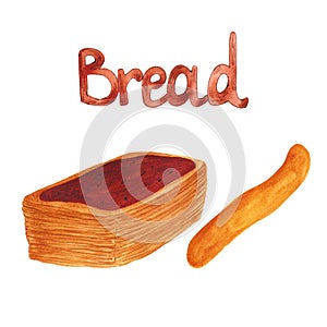 Hand drawn watercolor pastry and bread stick set. Isolated on white background. Can be used for Scrapbook design, cards, label,
