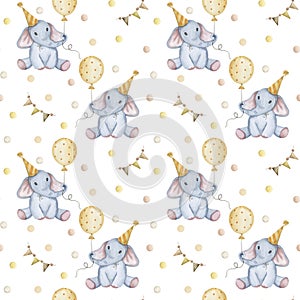 Hand-drawn watercolor pattern with kids elephant in cap with balloon