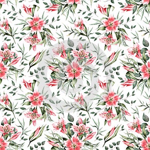 Hand drawn watercolor pattern. Spring pattern with pink lilies and green leaves, Great for clothing, fabric, textile, wallpaper,