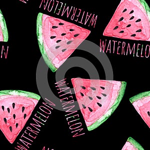 Hand drawn watercolor piece of juicy watermelon with written word watermelon