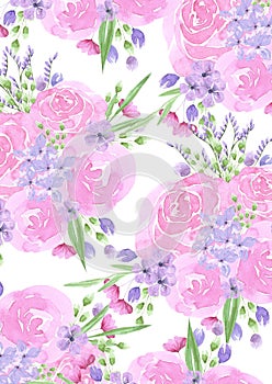Hand drawn watercolor pink abstract roses and lavender card. Isolated on white background. Scrapbook, post card, banner, lable,