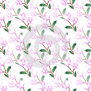 Hand drawn watercolor pink magnolia flower with green leaves seamless pattern. Isolated on white background. Scrapbook, textile,