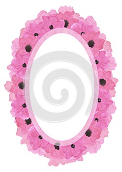 Hand drawn watercolor pink poppy flowers bouquet frame border isolated on white background. Can be used for card, poster and other