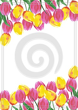 Hand drawn watercolor pink and yellow tulips postcard isolated on white background. Can be used for poster, post card, wedding