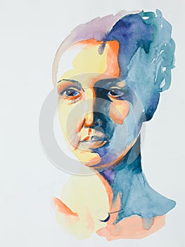 Hand drawn watercolor portrait of serene woman