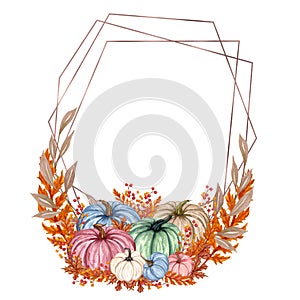 Hand drawn watercolor pumpkins frame. Fall arrangement with pink pumpkin anf gold geometric wreath. Autumn vegetables
