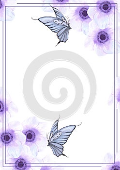 Hand drawn watercolor purple anemone flower with butterfly card. Isolated on white background. Scrapbook, post card, banner, lable