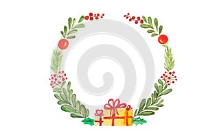 Hand drawn watercolor raster illustration. Christmas Wreath on white. Perfect for invitations, greeting cards, quotes, bl