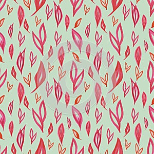 Hand drawn Watercolor red abstract leaves seamless pattern on the grey background. Scrapbook design elements. Typography poster,