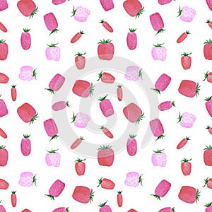 Hand drawn watercolor red and pink strawberry seamless pattern isolated on white background. Can be used for textile, fabric and