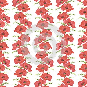 Hand drawn watercolor red poppy flowers bouquet seamless pattern isolated on white background. Can be used for textile, fabric and