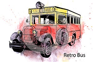 Hand-drawn watercolor Retro city bus drawing