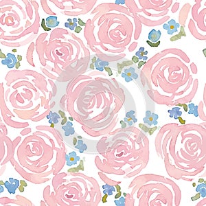 Hand drawn watercolor roses and cute little flowers seamless pattern. vector floral illustration
