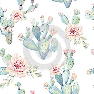 Hand drawn watercolor saguaro cactuses seamless pattern