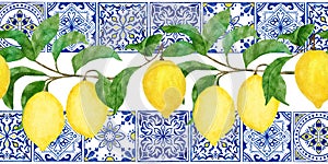 Hand drawn watercolor seamless border with yellow citrus lemons, blue white portugese azulejo tiles. Bright summer