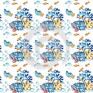 Hand drawn watercolor seamless corals pattern. Isolated on white background.