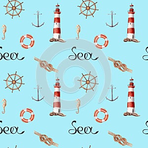 Hand drawn watercolor seamless patern with lighthouse and knot