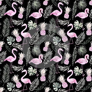 Hand drawn watercolor seamless pattern. Background with pink fla