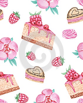 Hand drawn watercolor seamless pattern with cakes, peonies, zephir and berry