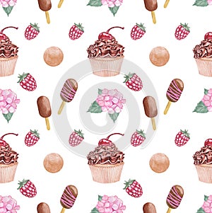 Hand drawn watercolor seamless pattern with chocolate cupcake, cake, raspberry, marshmallow, ice cream.