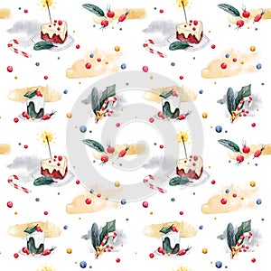 Hand drawn watercolor seamless pattern with Christmas elements