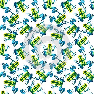 Hand drawn watercolor seamless pattern with colorful tree frogs. Stock illustration of tropical amphibians