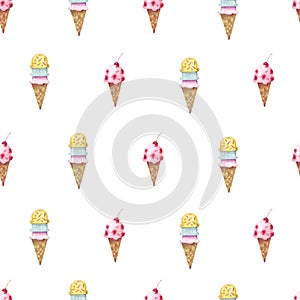 Hand drawn watercolor seamless pattern with cone cherry ice cream. Cute background. Illustration for restaurant menu, textile desi