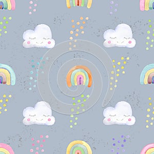 Hand-drawn watercolor seamless pattern with cute clouds, stars, moon