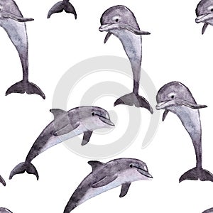 Hand drawn watercolor seamless pattern with dolphin. Sea ocean marine animal, nautical underwater endangered mammal