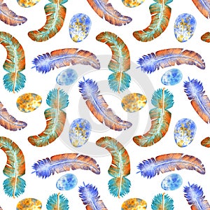 Hand drawn watercolor seamless pattern with feathers abd eggs.