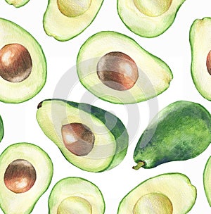 Hand-drawn watercolor seamless pattern with fresh green avocado on the white background