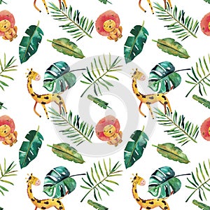 Hand-drawn watercolor seamless pattern. Green tropical leaves and wild animals on white background
