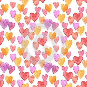 Hand drawn watercolor seamless pattern with little red pink violet yellow hearts on white background.Web