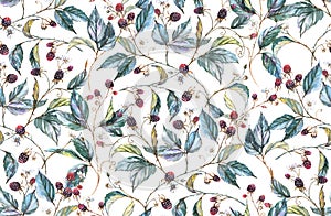 Hand-drawn watercolor seamless pattern with natural motives: blackberry branches, leaves and berries photo