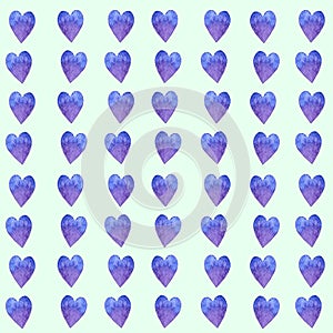 Hand drawn watercolor seamless pattern with ordered little purple hearts on pale green background.Decorating