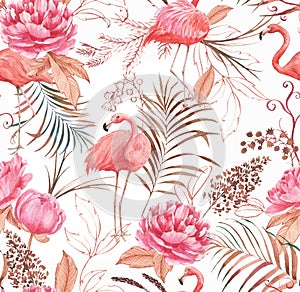 Hand drawn watercolor seamless pattern with pink flamingo, peony and decorative plants.