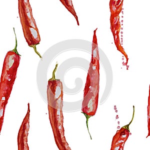 Hand drawn watercolor seamless pattern with red chilly peppers