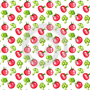 Hand drawn watercolor seamless pattern with ripe tomatoes and broccoli. Food bright illustration. Isolated vegetables