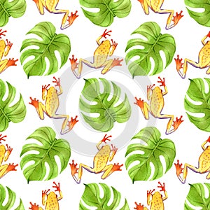 Hand drawn watercolor seamless pattern with tree frogs and monstera leaves. Stock illustration with colorful plants and amphibians