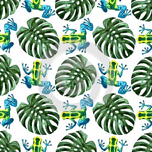 Hand drawn watercolor seamless pattern with tree frogs and monstera leaves. Stock illustration with colorful plants and amphibians