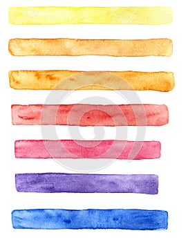 Hand drawn watercolor set of brush strokes of different colors: yellow, orange, red, blue and purple
