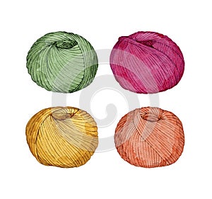 Hand drawn watercolor set of colorful balls of yarn