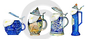 Hand drawnillustration set of four bavarian beer ceramic mugs with beer foam